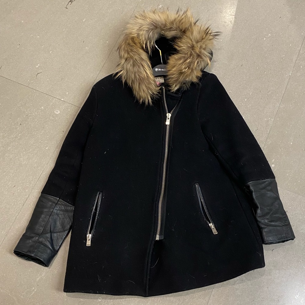 Sandro Leather/wool coat with real fur.